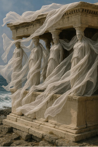 #Caryatider, der flyder i vinden# Skulpturens stil er tæt forbundet med gammel græsk kunst